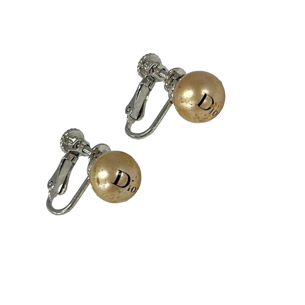 Christian Dior Clip On Earrings Beige Silver Hardware Pearl